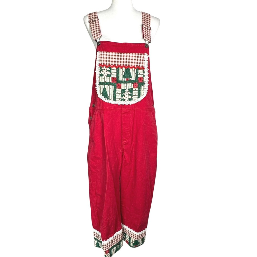 CHEROKEE Women's Medium Vintage Red Denim‎ Christmas Tree Quilted Patch Overalls